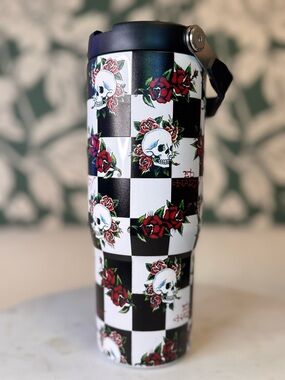 Ed Hardy Black, White & Red Checker Skull Travel Mug NEW